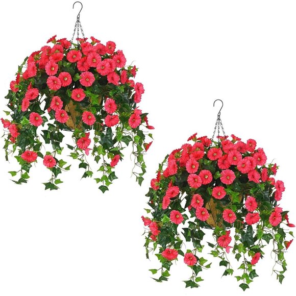 2-Pack Red Artificial Flowers Hanging Basket Plants Porch Patio Summer Decor